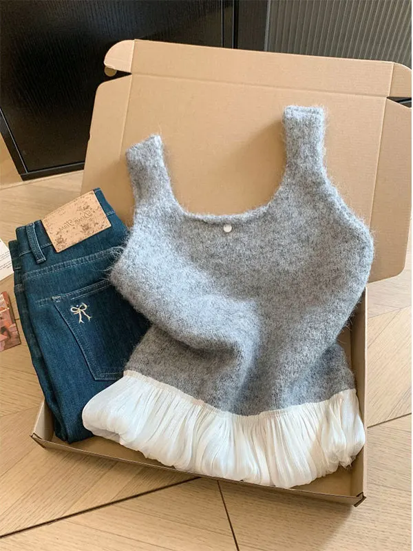 

Korean Sweet Spicy Ne round Svel Knitted Vest Women's Autumn Winter Ruffle Splicing Design ort Top Commute Sle Lo...