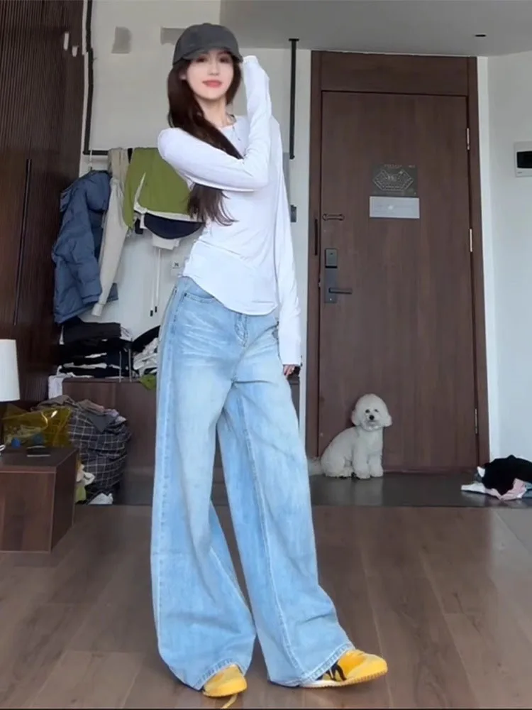 

High Waist Wide Leg American Retro Denim Pants Women's Loose Drapey Straight Floor-Length Trousers Autumn New Sle plus Size