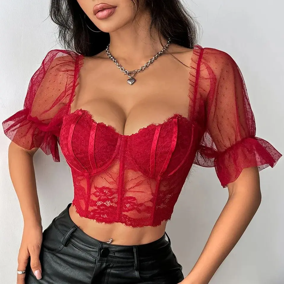 

Sexy Gauze Lace Puff Sleeve Corset Crop Top Women Y2k Clothes Chic Bustier Backless Tank Tops Blouses Slim Outside T-shirt Camis