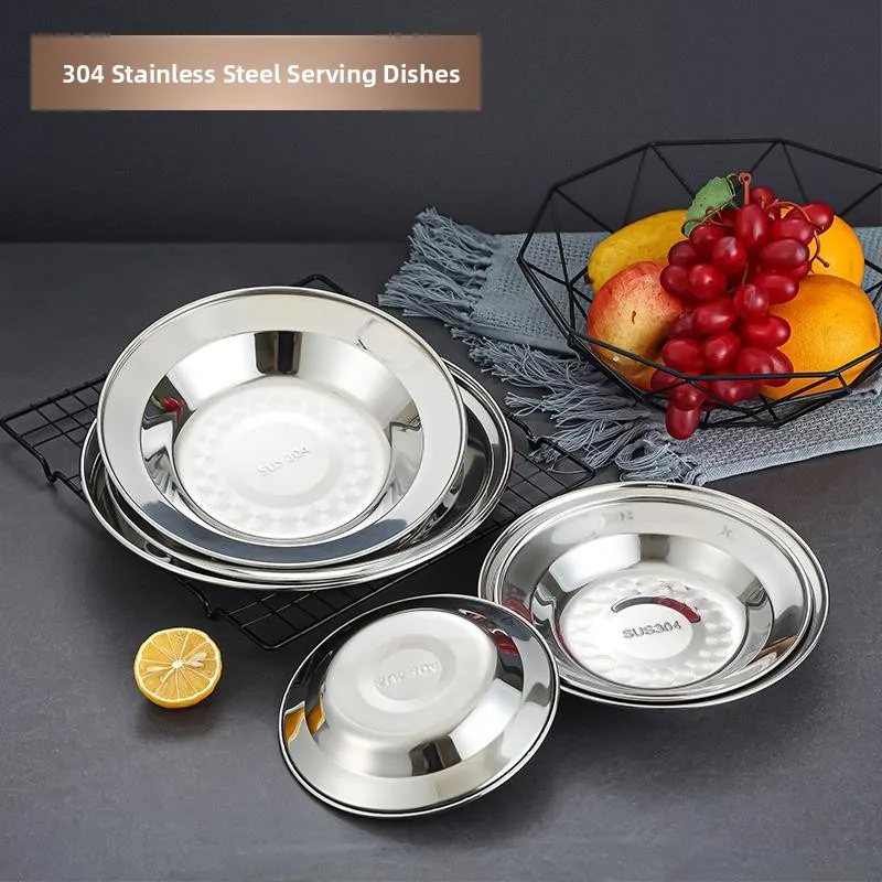 

Круглая тарелка из нержавеющей стали 304, небольшой сервировочный поднос для коммерческого использования, круглая железная тарелка для домашнего использования, поднос для обеденной тарелки