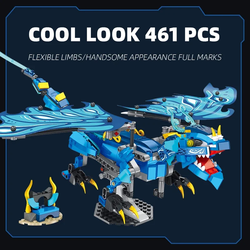461PCS Blue Flying Dragon Building Blocks Prehistoric Water Dragon Animal Model Bricks Desktop Display Kids Toys Holiday Gifts