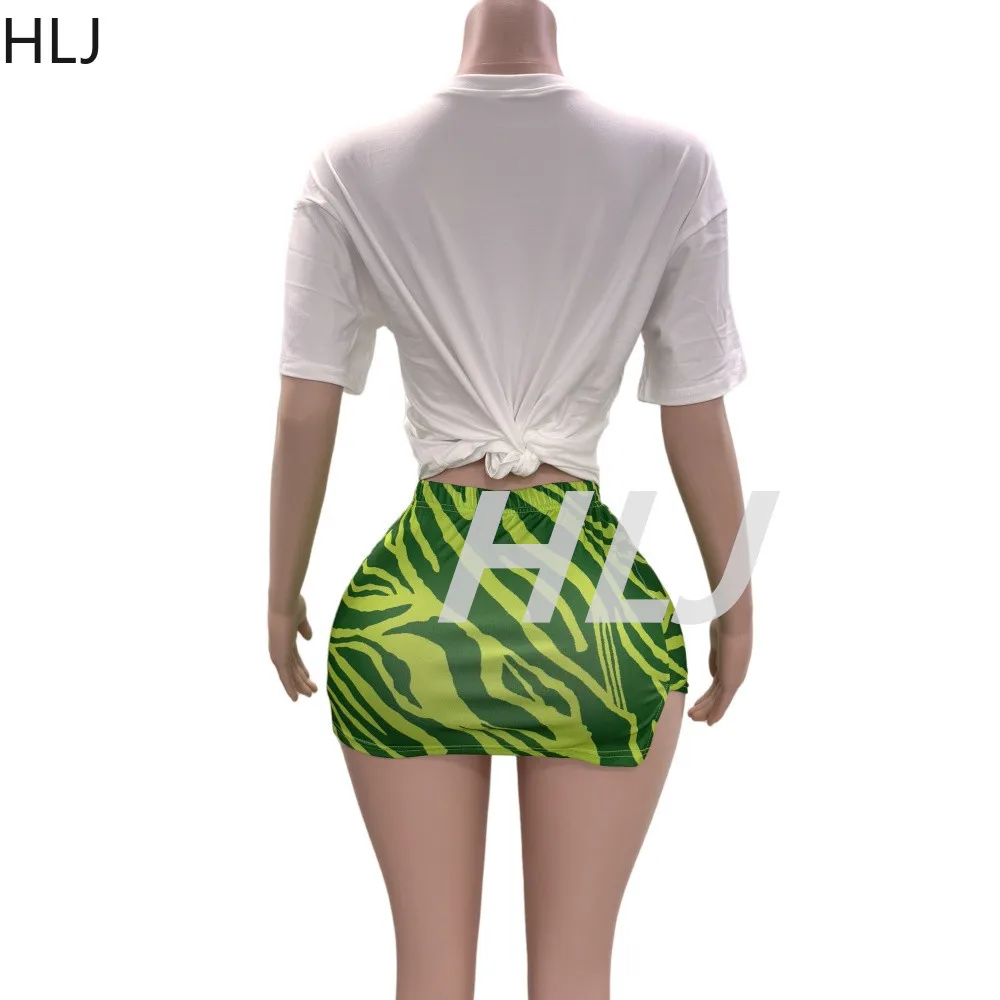 HLJ Pattern Printing Y2K Mini Skirts Two Piece Sets Women Round Neck Short Sleeve Top And Skirts Outfit Fashion Trend Streetwear