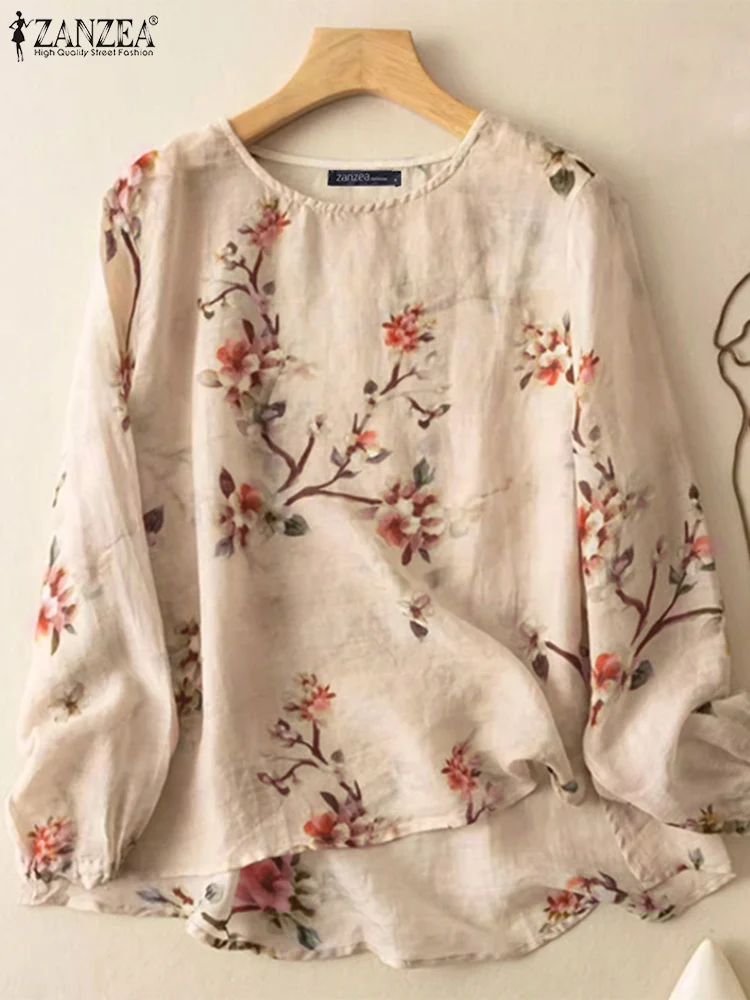 ZANZEA-túnica informal con cuello redondo para Mujer, Blusas Vintage de manga larga con estampado Floral, para uso diario, para vacaciones, Otoño, 2024