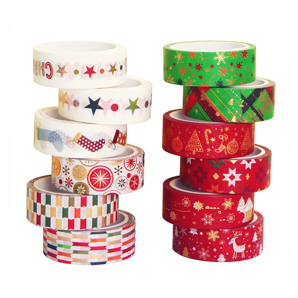 12 ロール/箱、繊細なクリスマスパターンのブロンズ和紙テープ、ホリデーパーティー DIY グリーティングカードギフトボックスの装飾に最適