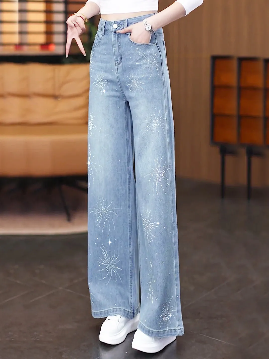 Women's Skinny Denim Jeans High Waist Comfortable Fit Glittering Drill Casual High Quality Cotton Spring Season Fashion