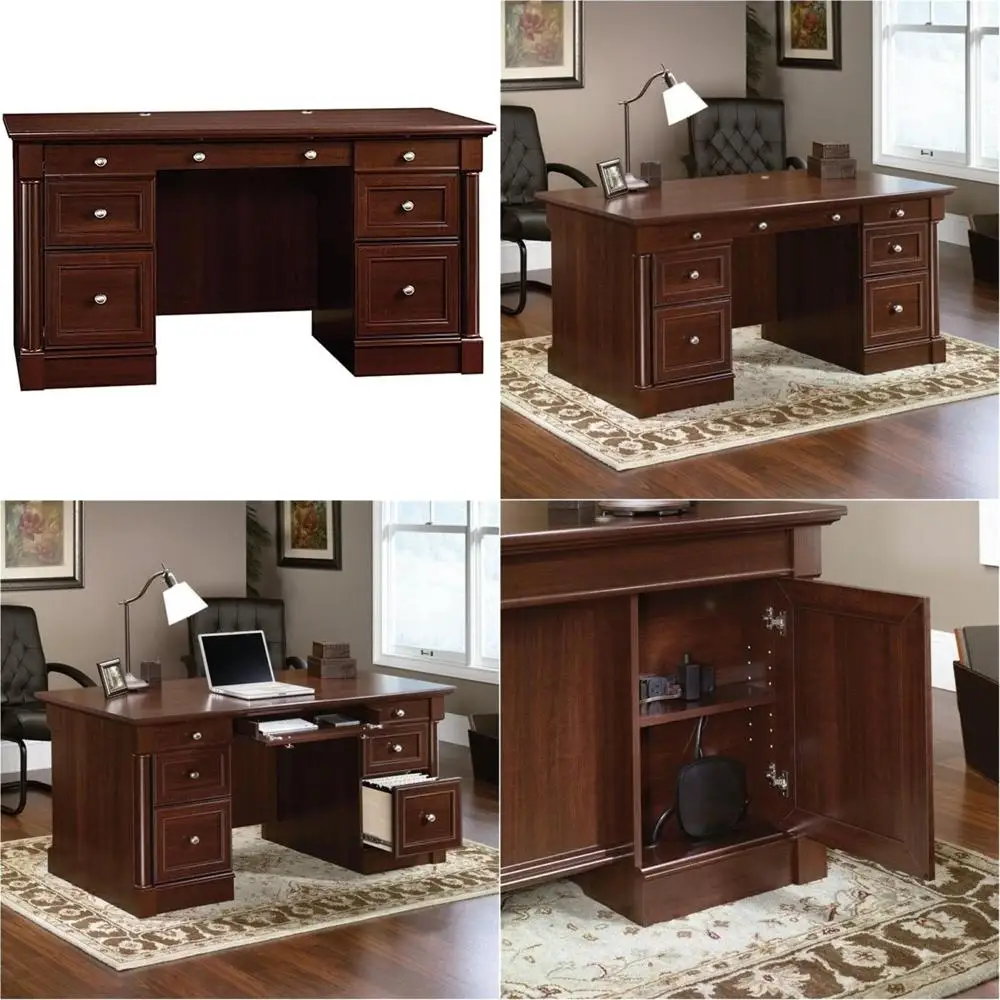 

Executive Desk, Engineered Wood, 6 Ders, Select Cherry inish, 65 in Wide, Double Pedestal Design, ile Storage, Cord Management,
