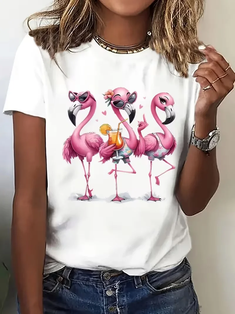 Y2K Tropical Flamingo Print T-Shirt  Short Sleeve Round Neck Top,Machine Washable Casual Summer Beach Party Outfit