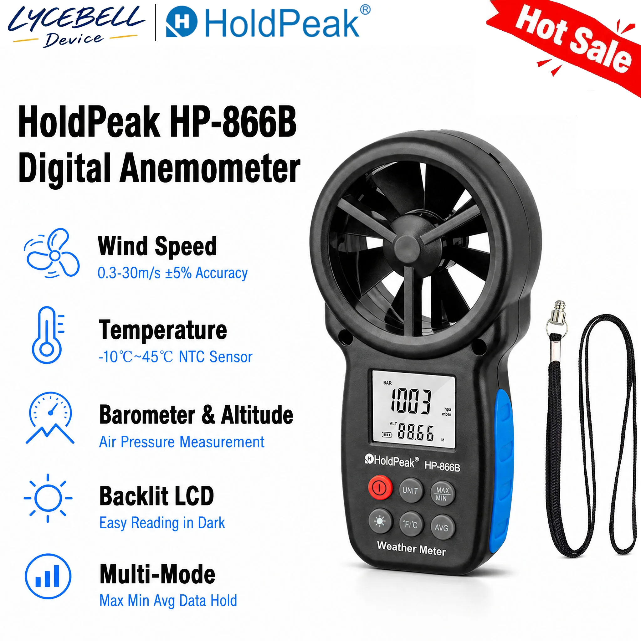 Pocket Digital Anemometer Wind Speed Meter Temp Gauge ℃/℉ LCD Backlight 5 Units Air Velocity Flow Tester for HVAC Sailing Shooti