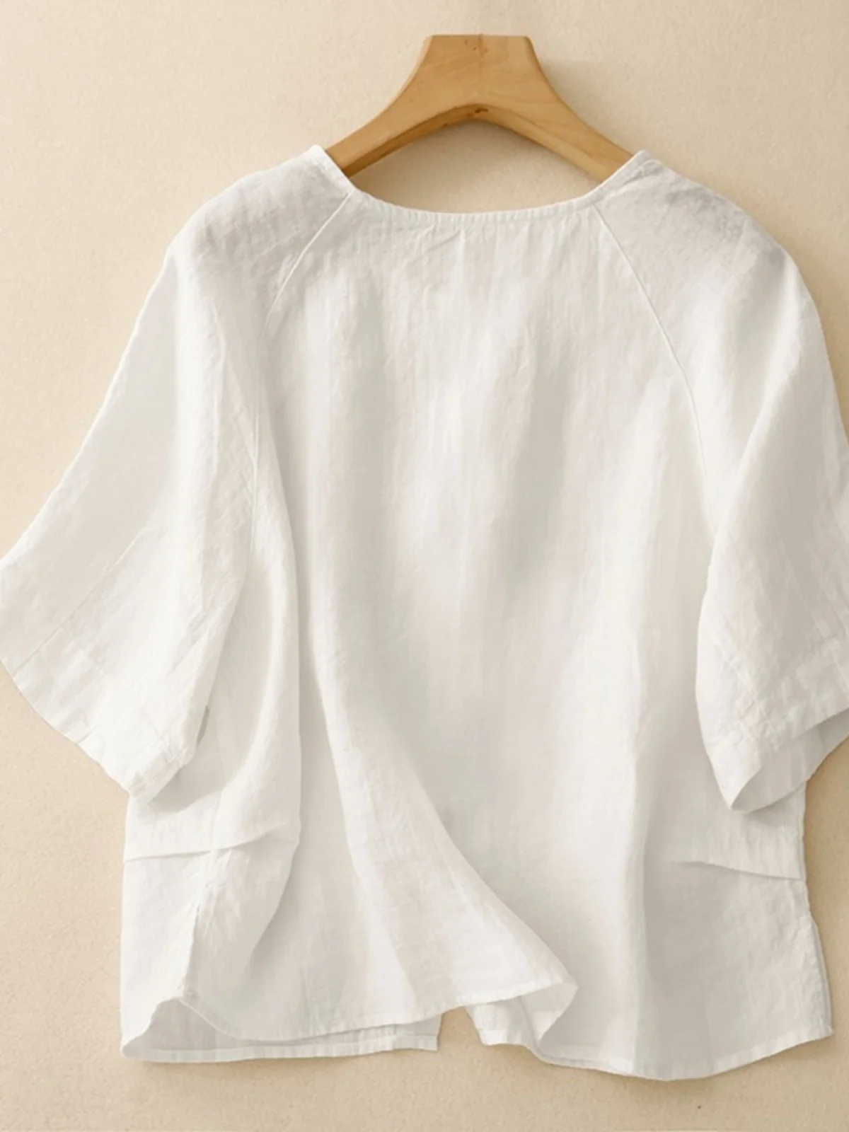 Retro Luźny Krój Okrągły Dekolt Lniany Top Damski Letni Vintage Prosty Biały Bawełniany Top