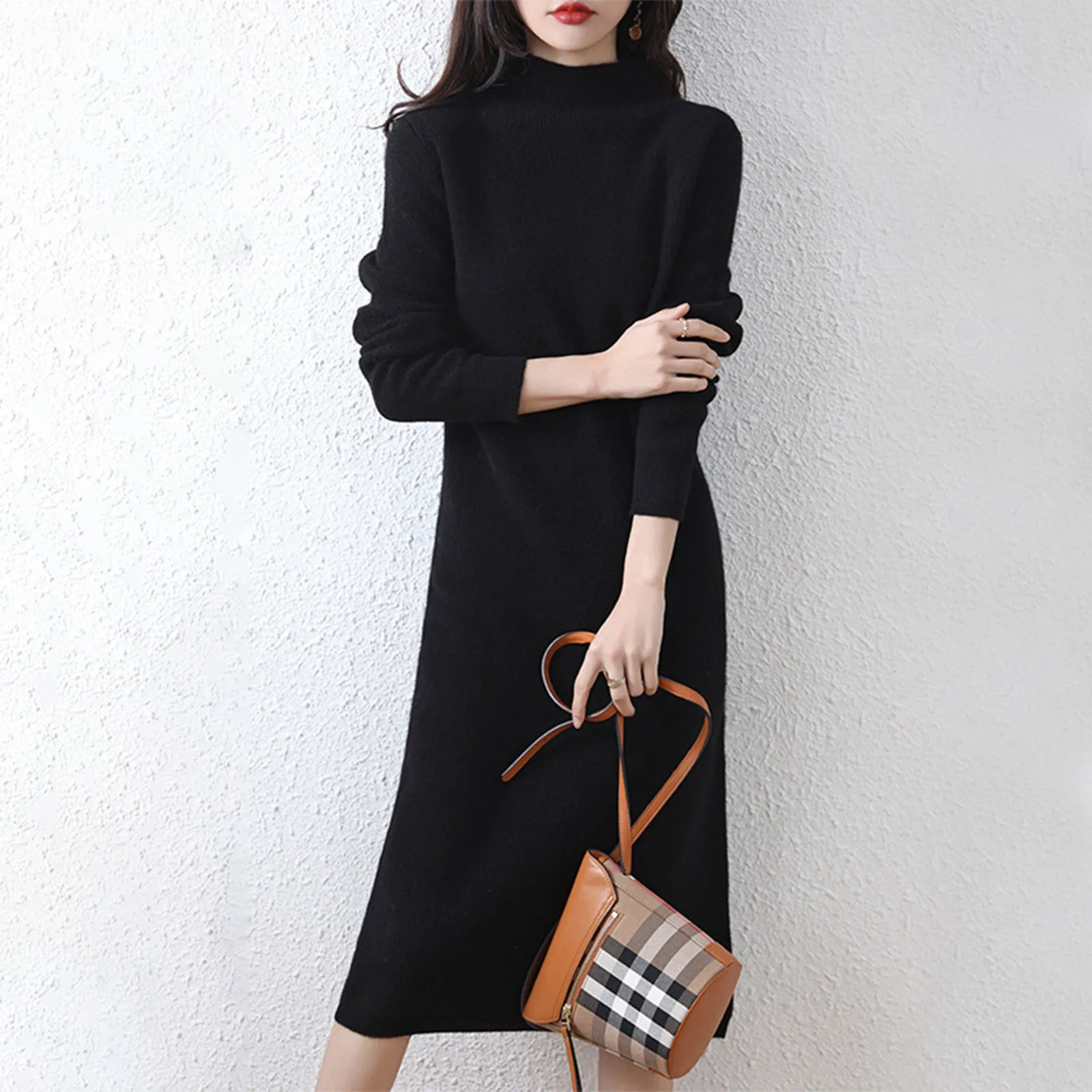 Women\'s Sweater Dress Half High Collar Wool Knitted Dress Solid Color Long Sleeve Sweater Long Dress