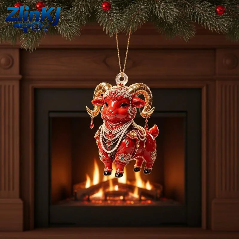 Acrylic Chinese Zodiac Goat Hanging Ornament Auspicious Red Gold Pattern for Wedding Good Wish Hanging Decor