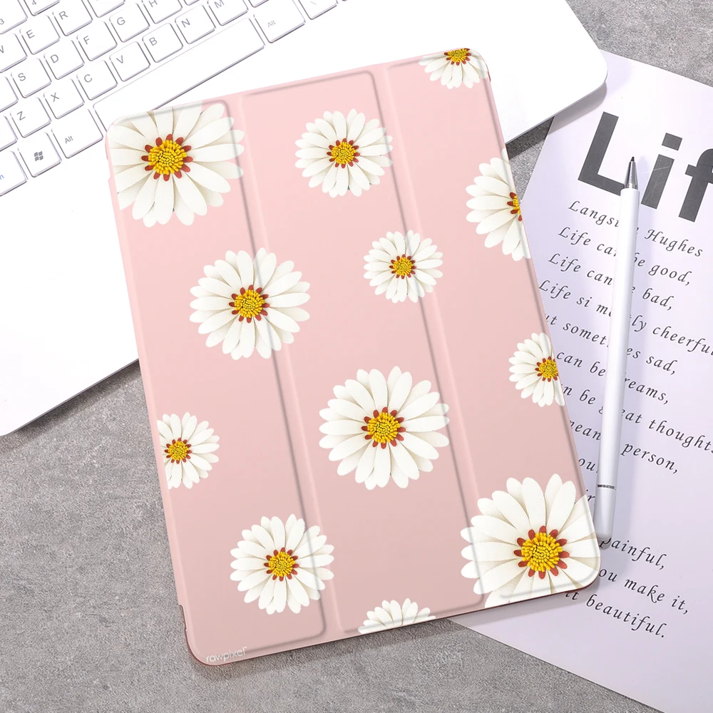 

Cute Daisy Flowers for 12.9 iPad Pro 4th Generation Case 2022 Leather Silicone Cover With Pencil Holder for Apple iPad Pro 12.9