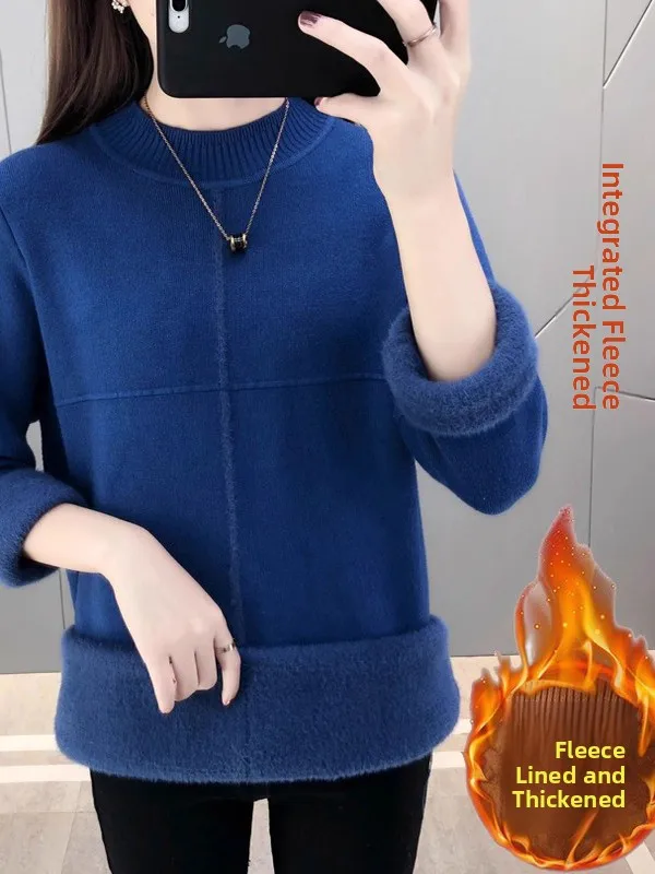 Women's Fleece Lined Thickened Mid-Length Knitted Sweater Half High Collar Warm Base Layer Shirt Inner Wear Winter Commute Style