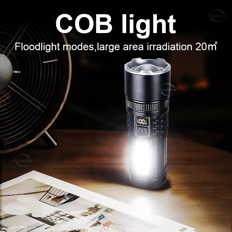 最も強力な LED 懐中電灯ハイパワー充電式戦術的なトーチ内蔵 6800mAh バッテリー COB 懐中電灯キャンプハンドランタン