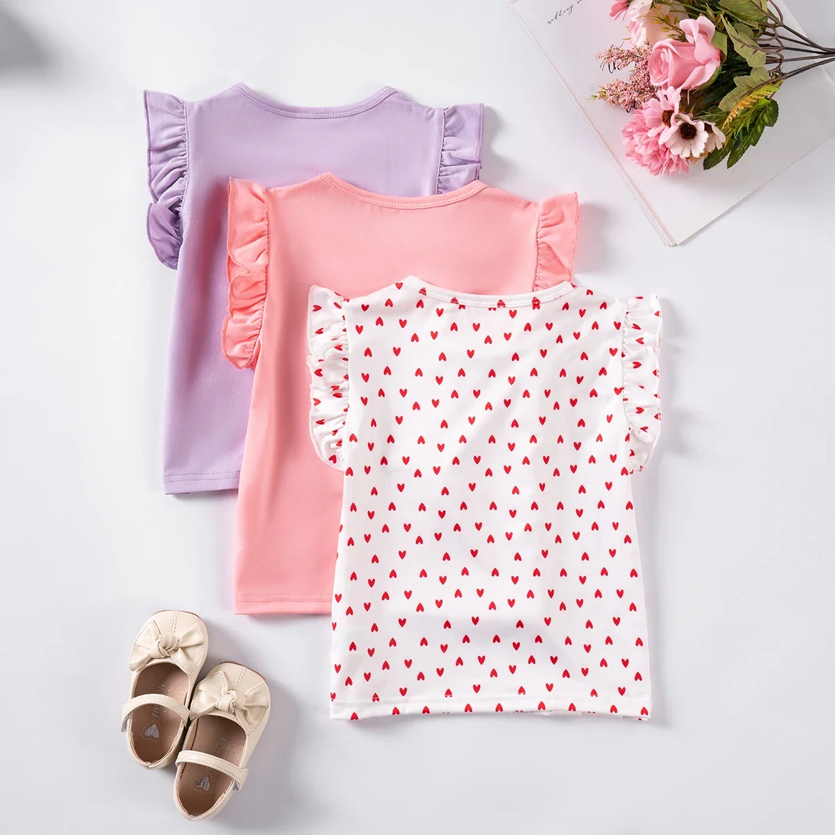 Summer Baby Girl Cute 3-piece T-shirt Knitted Breathable Small Flying Sleeves Cute 3-piece Set for Daily or Home Wear