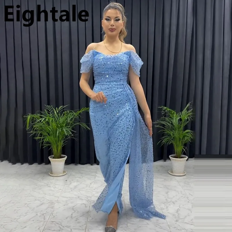 

Eightale Customized Sky Blue Mermaid Off Shoulder Prom Dress Sequins Evening Dress Abiye Formal Party Gown Vestidos de gala