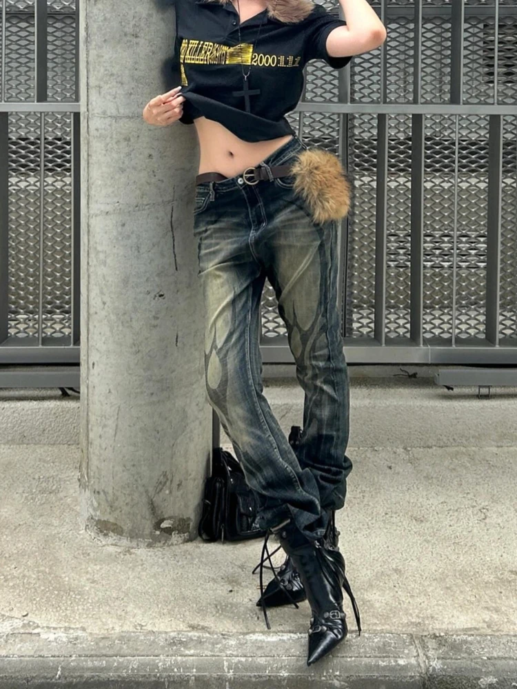 

Джинсы с микро-клеш с принтом Waed для девочек, женские свободные утягивающие длинные брюки с высокой талией, джинсовая ткань, осенняя одежда, глубокий цвет