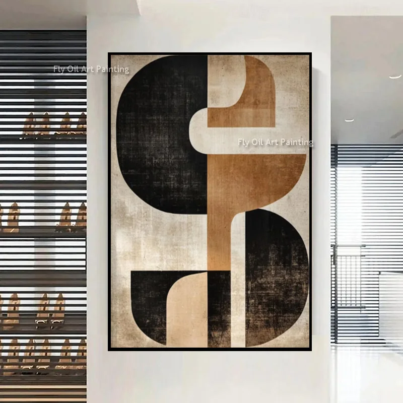 New Home Items Wall Art Handpainted Black Brown Abstract Thick Oil Painting For Room Original Simple Beige White Canvas Artwork