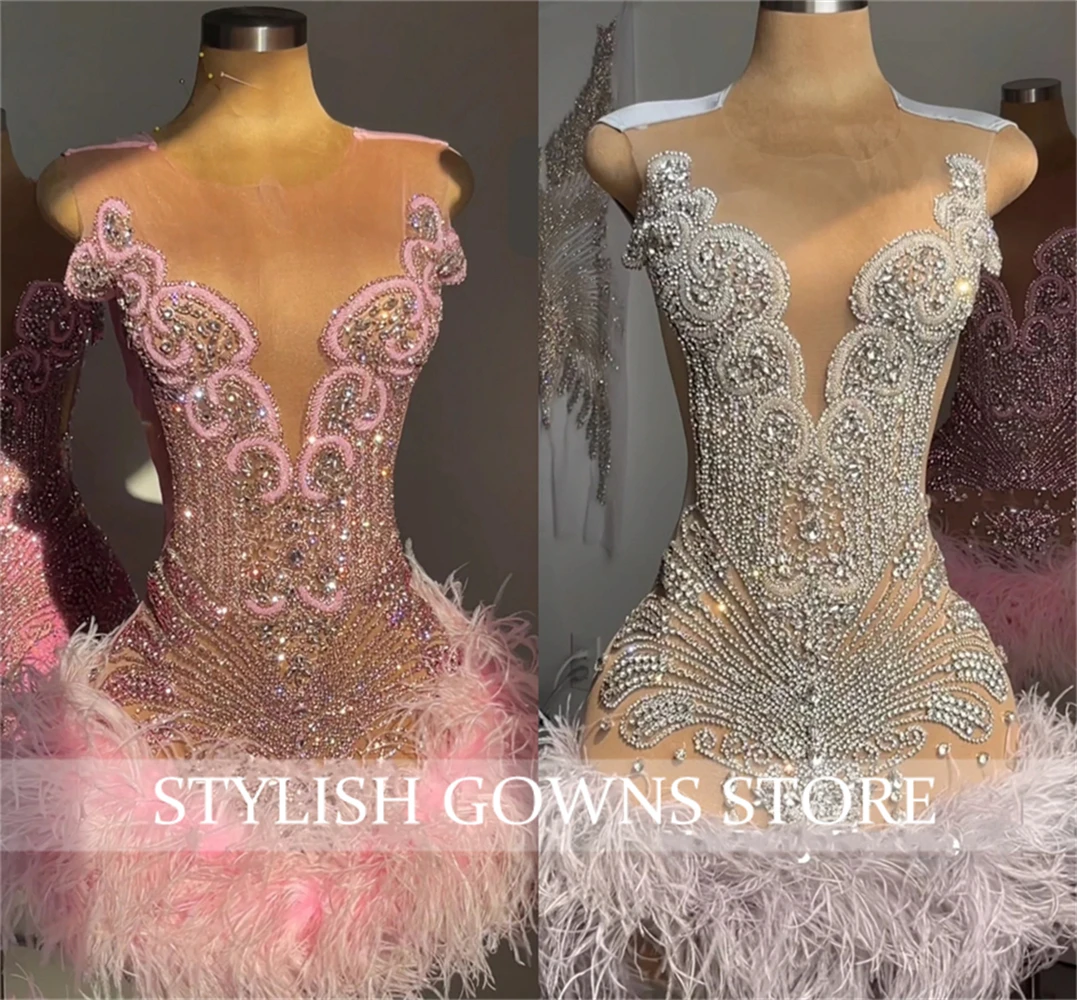 Vestidos de baile curtos rosa em O para meninas negras, frisados prateados, penas de cristal, vestido de aniversário, mini coquetel, baile