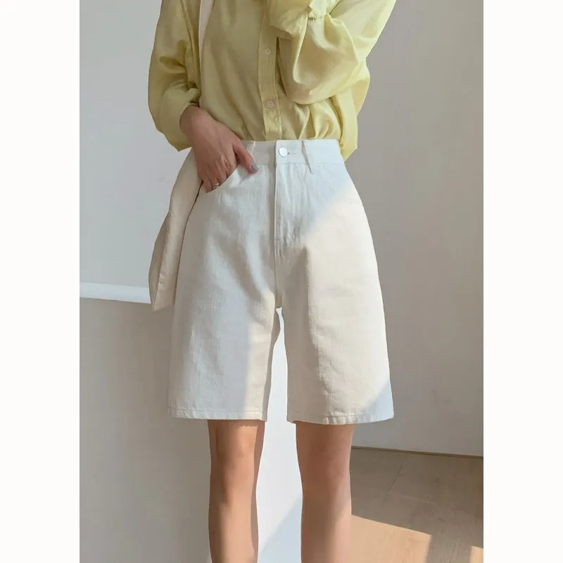 

ZHISILAO White High Waist Straight Knee Length Denim Shorts Women Summer 2024 Casual A-line Shorts