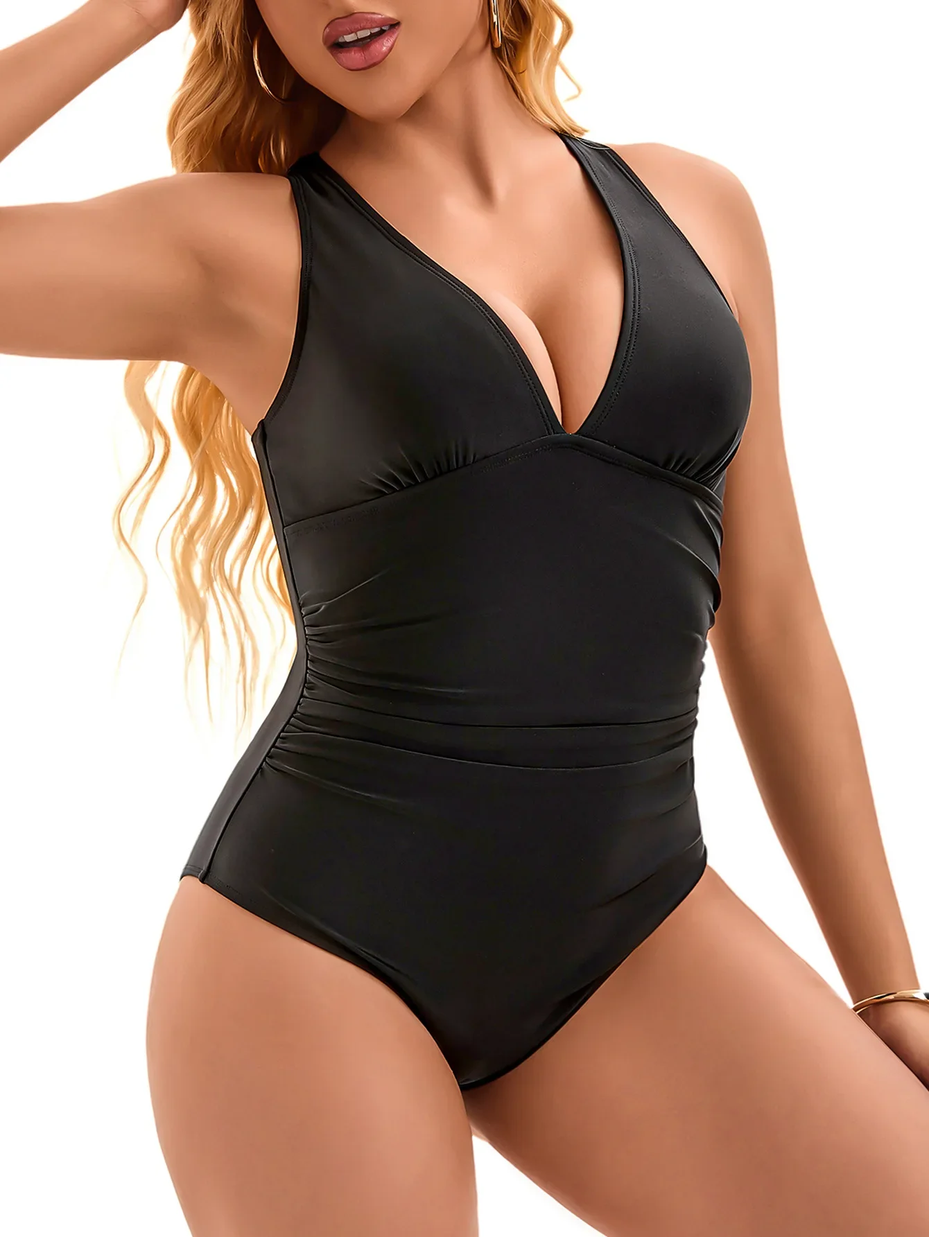 Vintage Black Swimwear Women Large Size Sexy V Neck Pleate Slim Backless Cross One Piece Swimsuit Beach Bathing Swimming Suits