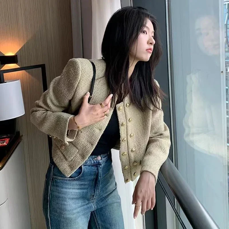 Lucyever Vintage Women\'s Tweed Jackets Elegant Chic Double-Breasted with Pocket Jacket Ladies Korean Fashion O-Neck Short Coat