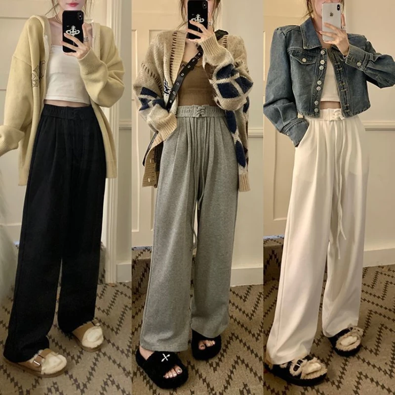 Korean Women 2022 Autumn Winter Thicken Warm Wide Leg Pant Casual Loose Sports Trousers Fashion Soft Comfortable High Waist Pant