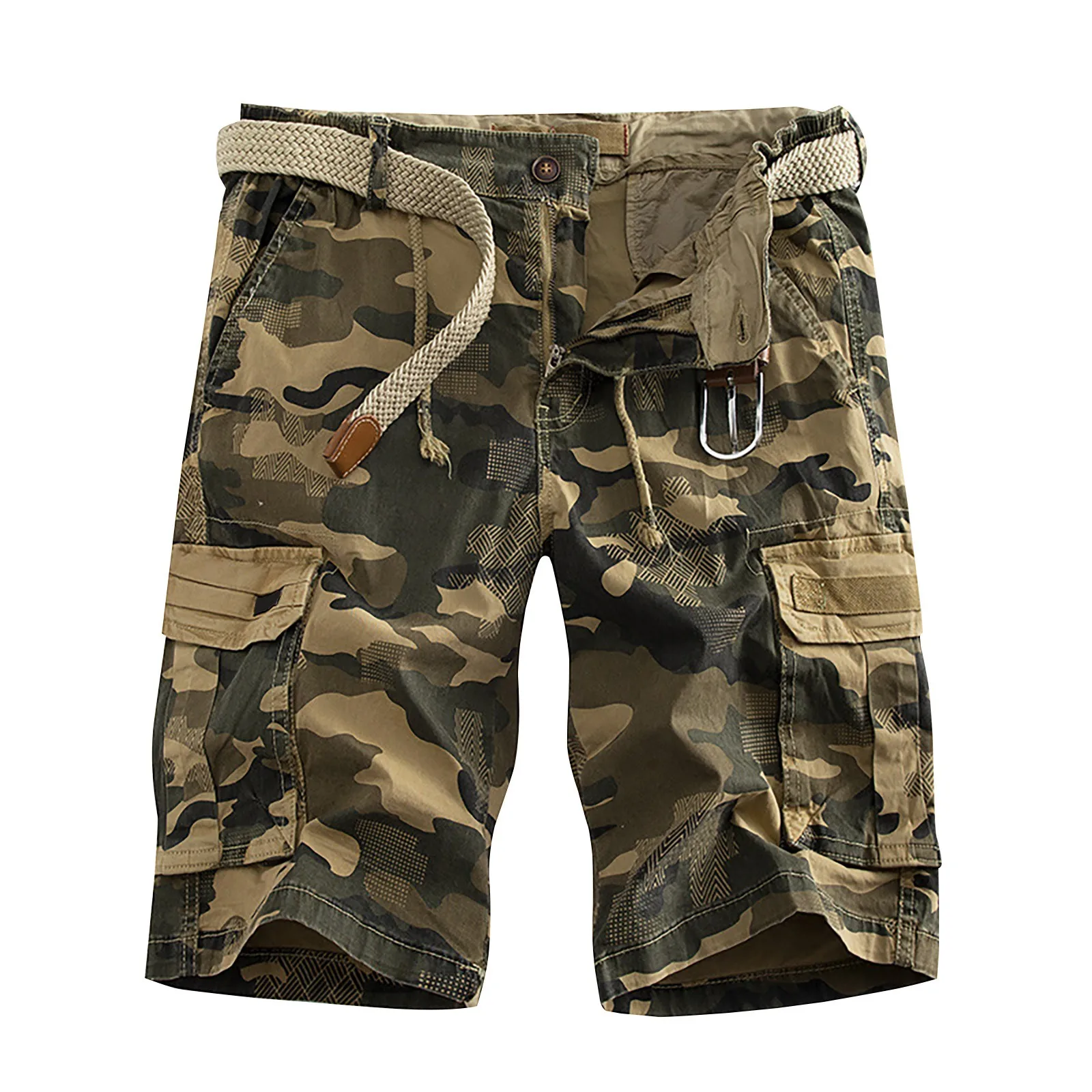 Shorts de carga masculino com bolsos, padrão de camuflagem, moda casual, shorts de trabalho com vários bolsos, verão, 2024