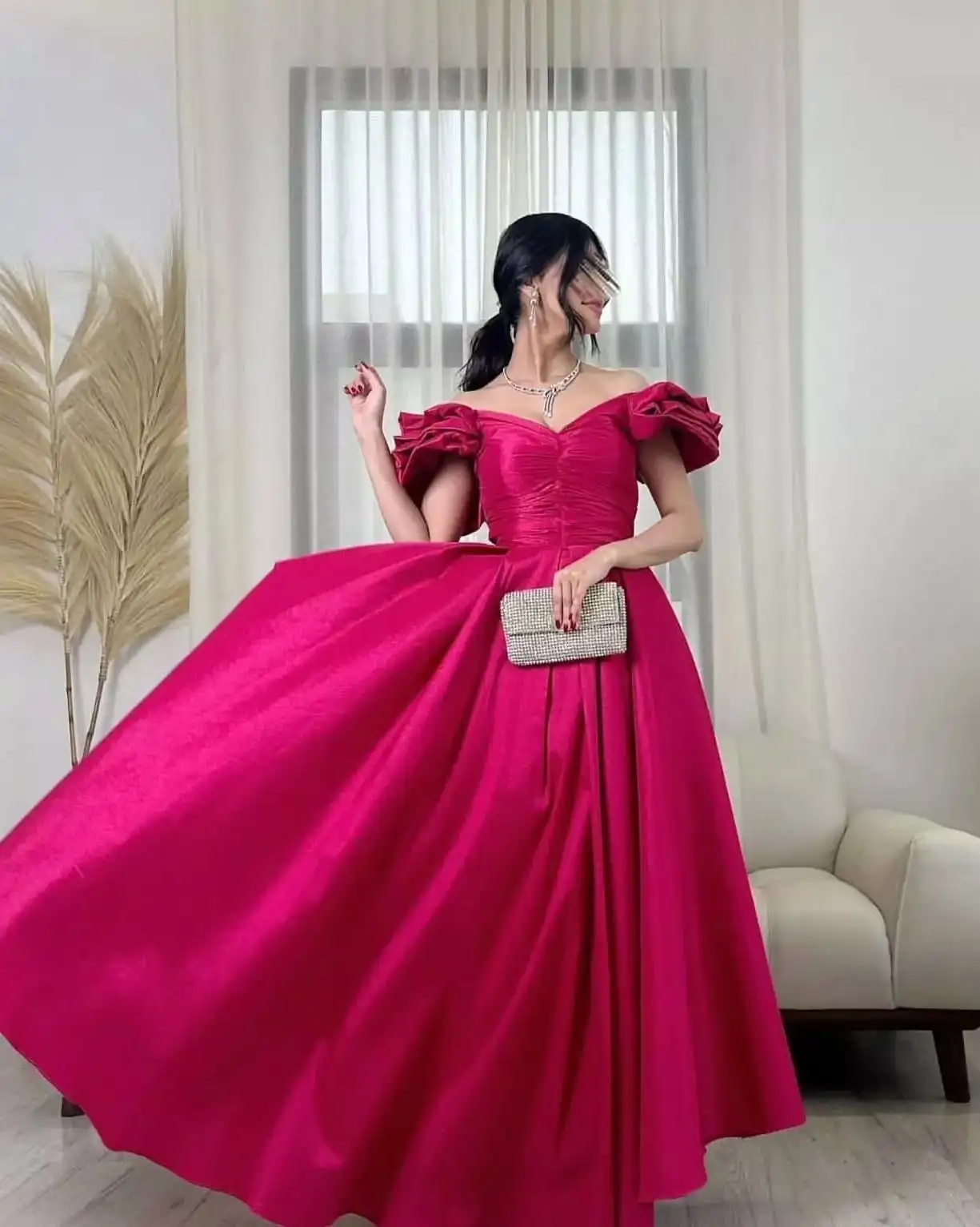 

Customized Exquisite Ruched Off the Shoulder Evening Dress Graceful V-Neck A-Line Party Dress Classic Zipper Back Prom