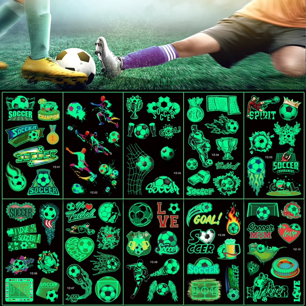 10 Sheets Luminous Football Theme Party Temporary Tattoos Face Body Stickers for Children Boy Birthday Party Favors Pinata Gifts