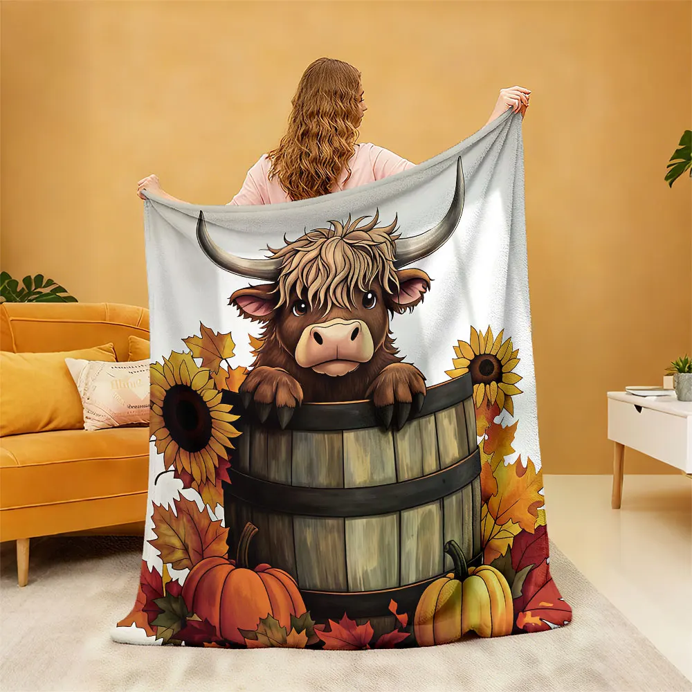 1pc Wooden Bucket Highland Cow sunflower maple leaf Pumpkin Blanket Flannel Blanket Sofa Nap Time Leisure Blanket