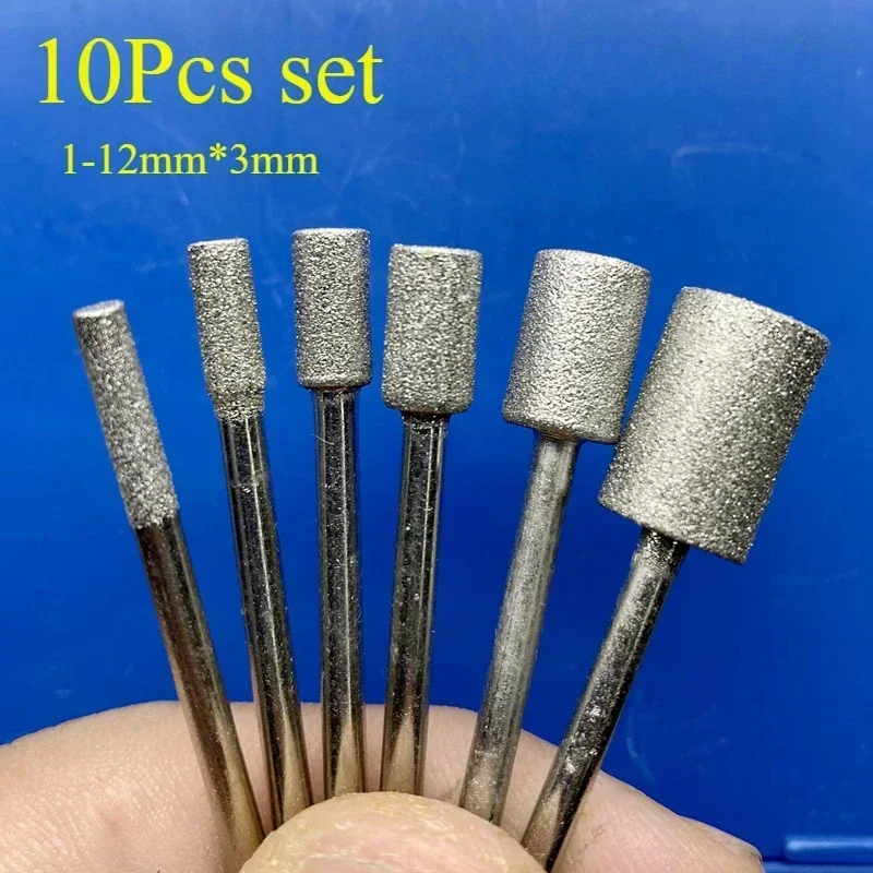 10Pcs 1-12mm Cylinder Diamond Grinding Head Grinder Needle Carving Polishing Jade 3mm Alloy Cylindrical Handle Sanding Tools