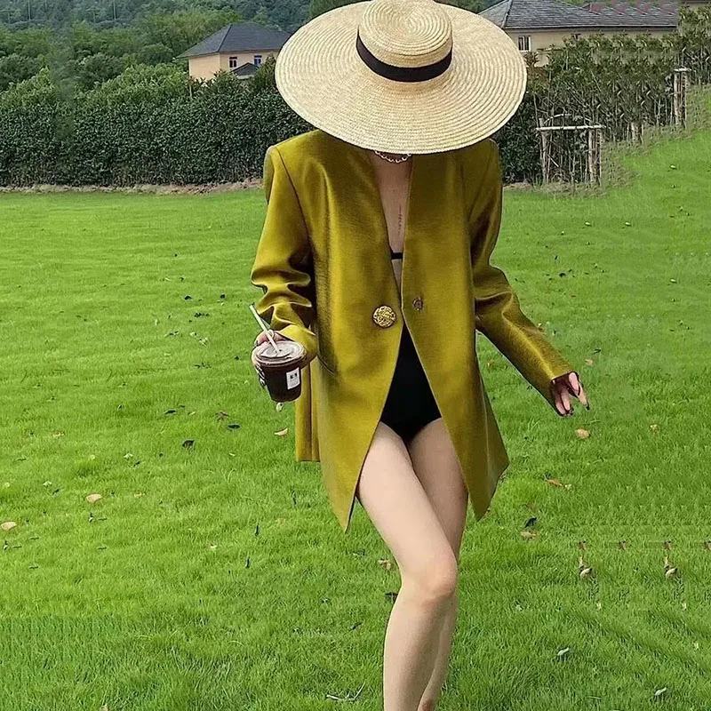 جديد 2025 سترة بدلة نسائية موضة فضفاضة معطف متوسط الطول لون نقي زر واحد إحساس التصميم السترة قطع علوية نسائية #4