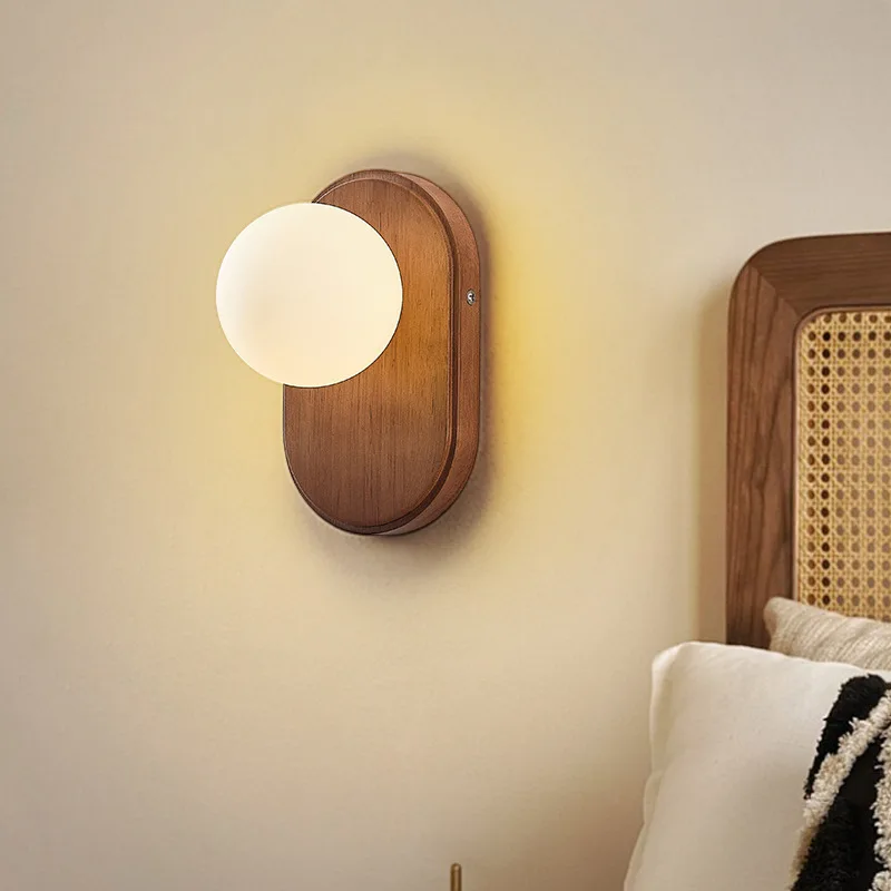 

Japanese Solid Wood Wall Lamp Nordic Personalized Creative Living Room Bedroom Lamp Aisle Eye Protection Decorative Glass Lamp