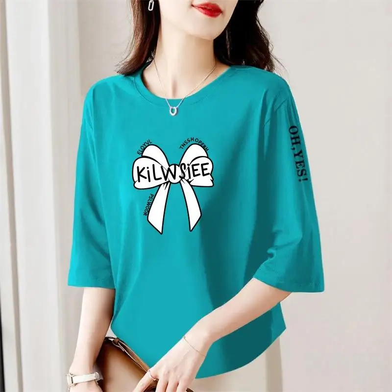 

Футболка свободного кроя с рукавом три четверти, с принтом, скрывающая живот, модный топ для женщин среднего возраста