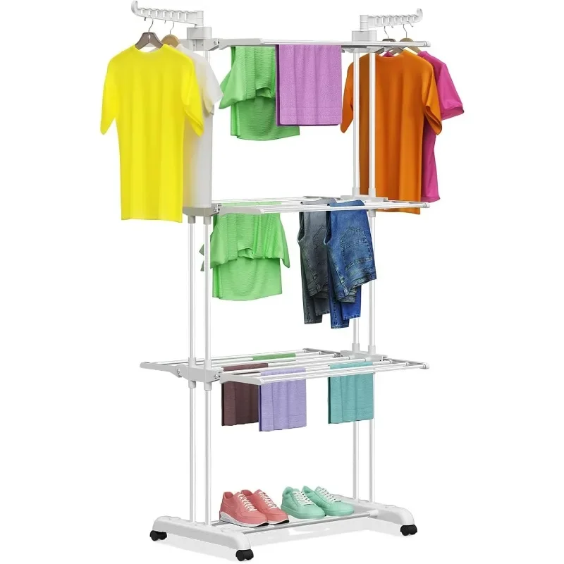 Clothes Drying Rack Folding Clothes Rail 4 Tier Clothes Horses Rack Stainless Steel Laundry Drying Rack Stand with Two Side