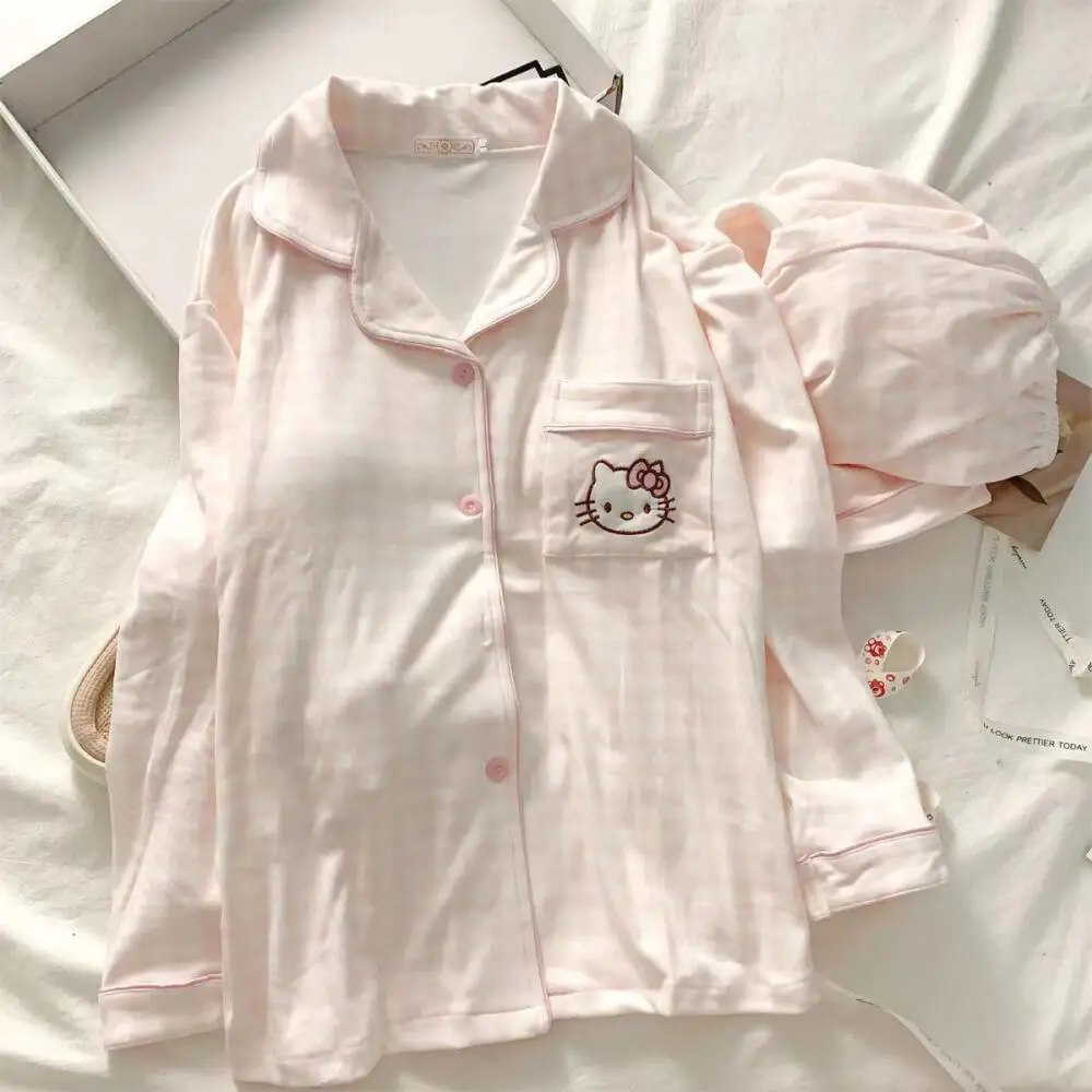 

Cartoon Hello Kitty 2Pcs Women Thicken Pajamas Suit Anime Kawaii Winter Warm Sweet Girls Cute Long Sleeves Loungewear Homewear