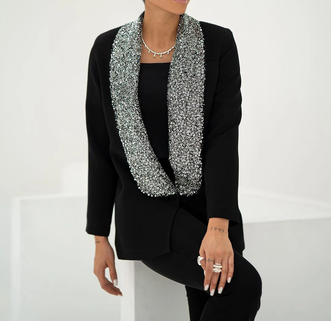 Cool Black Women Blazer Suits Sequined Shawl Lapel Evening Party Women Wedding Tuxedos 2 Pieces Party Birthday Wear