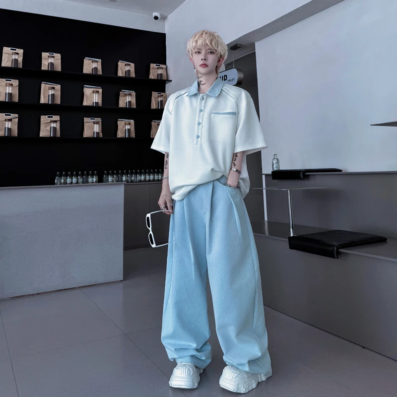 

Summer Casual Contrast Color ort Sve Collared Men's T-irt Set Wide Leg Pants Sweatpants Two Piece Set Faionable Yout...
