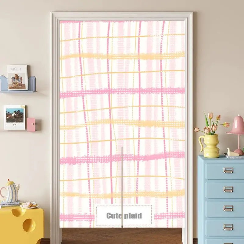 VIKAMA Ins Sweet Cream Checkered Half Curtain, Fabric Room Divider Curtain, Perfect for Entryways and Bedrooms as Interior Decor