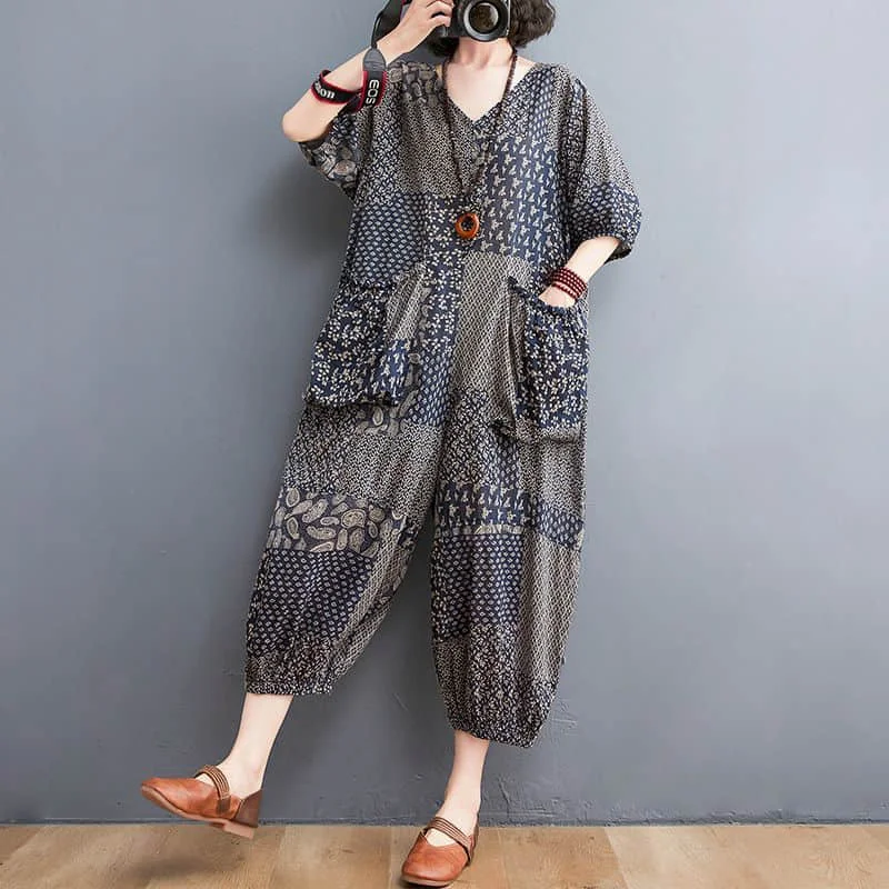 Combinaisons en coton et lin pour femmes, combishort à manches courtes, tenue une pièce, taille haute, pantalon lanterne, salopette pour femmes