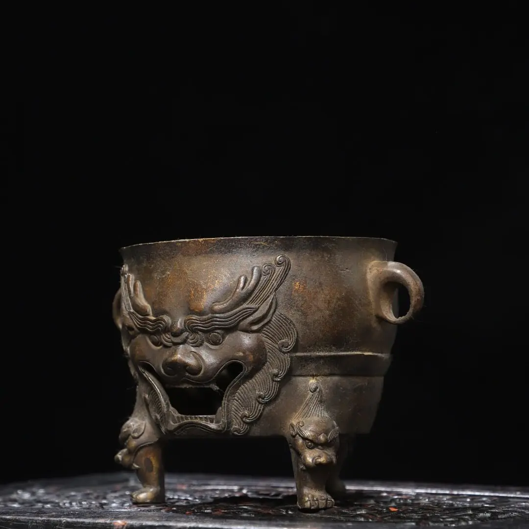Pure Copper Beast Face Charcoal Stove Chinese Three-Leg Tea Boiler Kung Fu Teaware Handmade Home Heating Pot Collectible