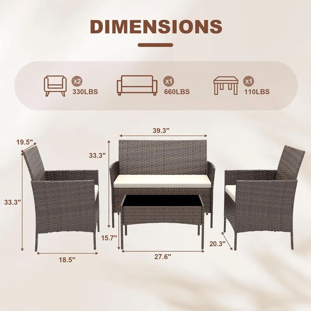 4-Piece Rattan Wicker Patio Furniture Set with Cushions and Glass Table for Outdoor Spaces