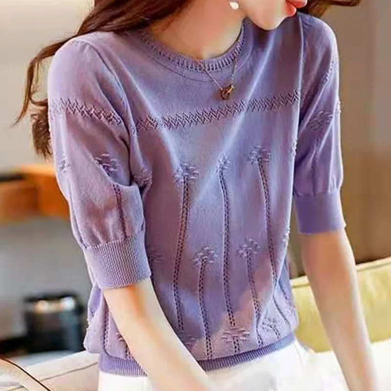 Fashion Femme Clothing 2022 Summer Hollow Out Knitwear Fabric  Women's Tops Ladies Solid Casual Shirts Blusas Yellow Violet 2848