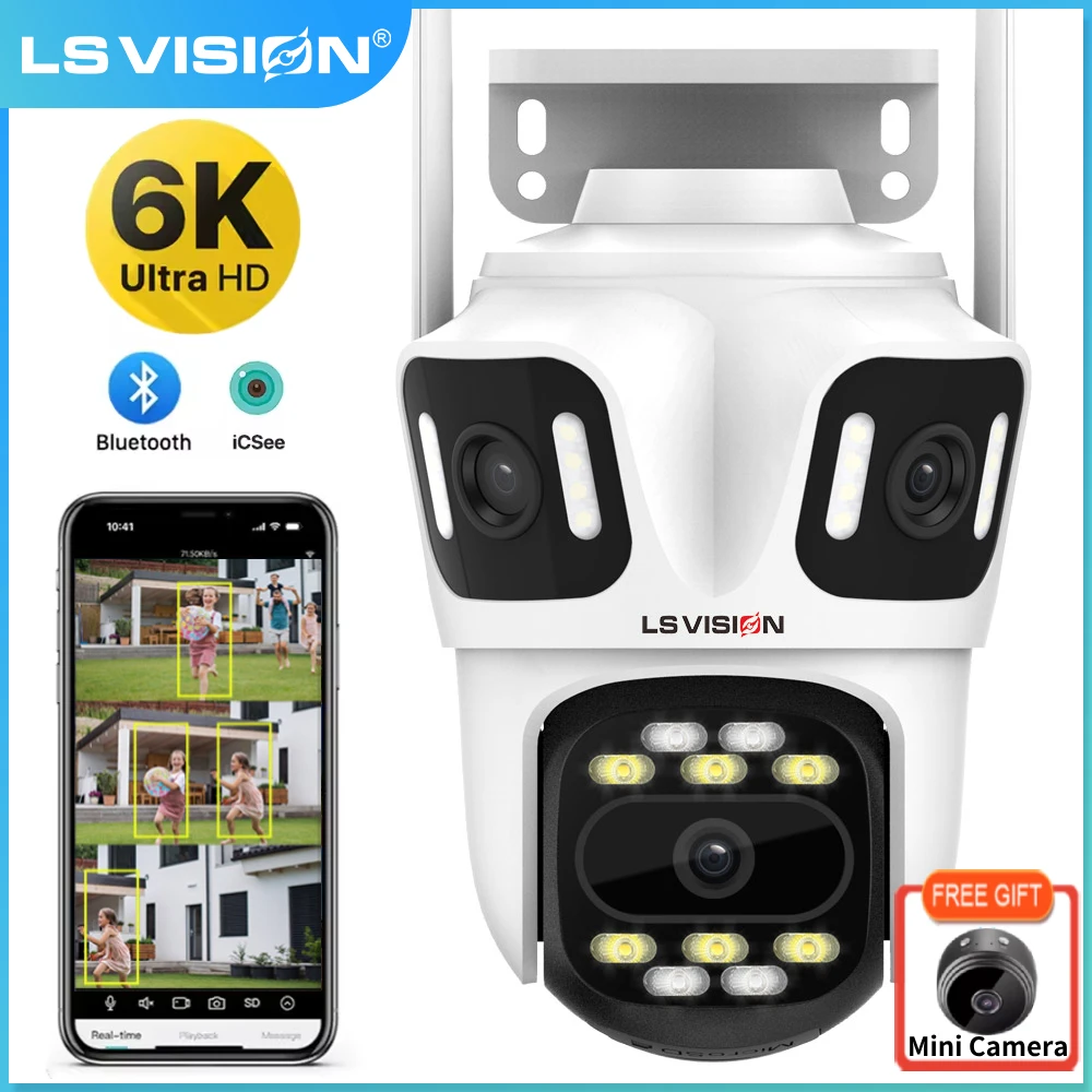 LS VISION 6K HD Three Screen PTZ IP Camera Outdoor Three Lens WiFi Security Camera Auto Tracking  CCTV Home Surveillance Cameras