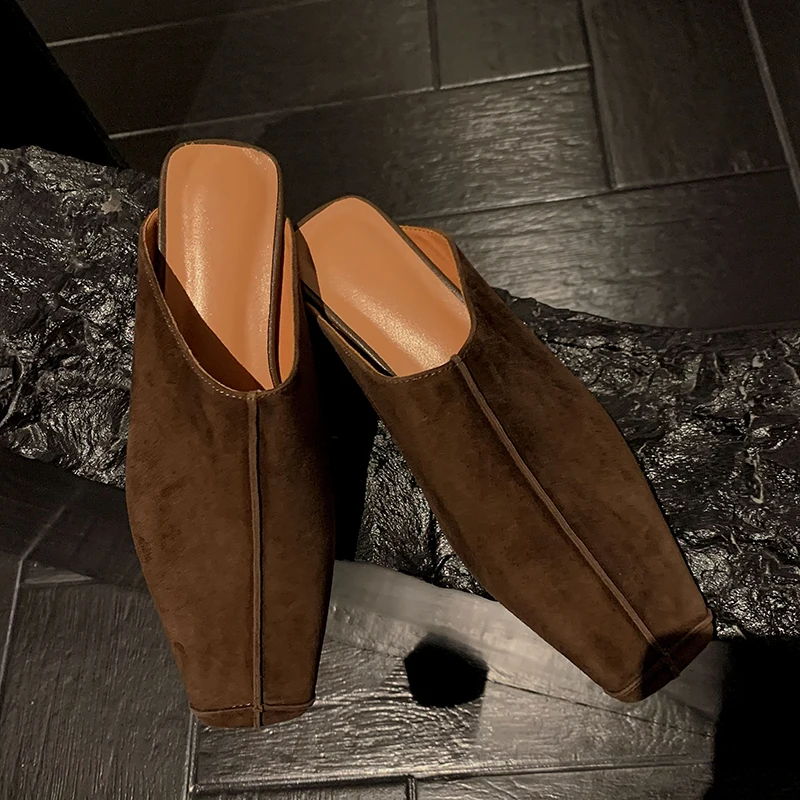 2025 New Genuine Kid Suede Low Heels Slippers Women Covered Toe Natural Leather Casual Slippers Female Daily Walk Slippers
