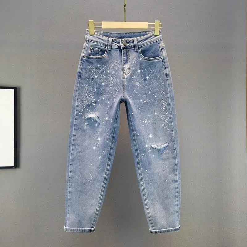 Hot drilling ripped Jeans For women Summer 2026 New High waist Slimming Loose Fitting Harun Pants Female Casual Denim Trousers