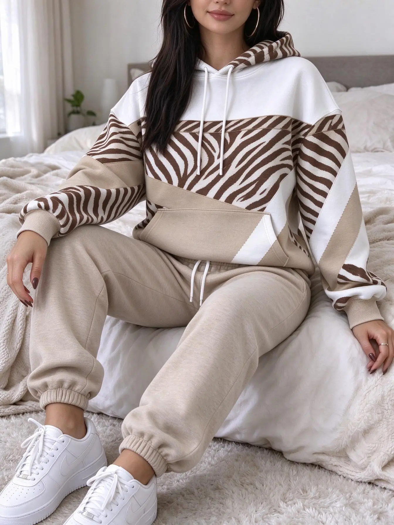 Women Leopard Zebra Color Block Hooded Tracksuit, Hoodie & Cuffed Jogger Pants 2 Piece Outfit