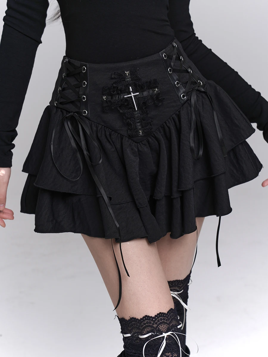 

Pleated Mini Skirt Women's Punk Cross Patchwork Goth Gothic Techwear Grunge Aesthetic Bandage Alternate Clothing Bottoms