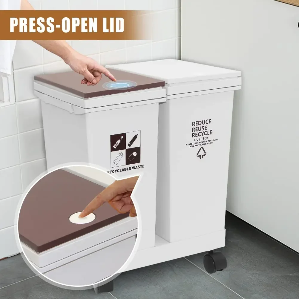 Compartment Trash Can with Wheels Double Garbage Can Recycling Bin with Lid Detachable Press-Open Lid Kitchen Sorting Trash Can